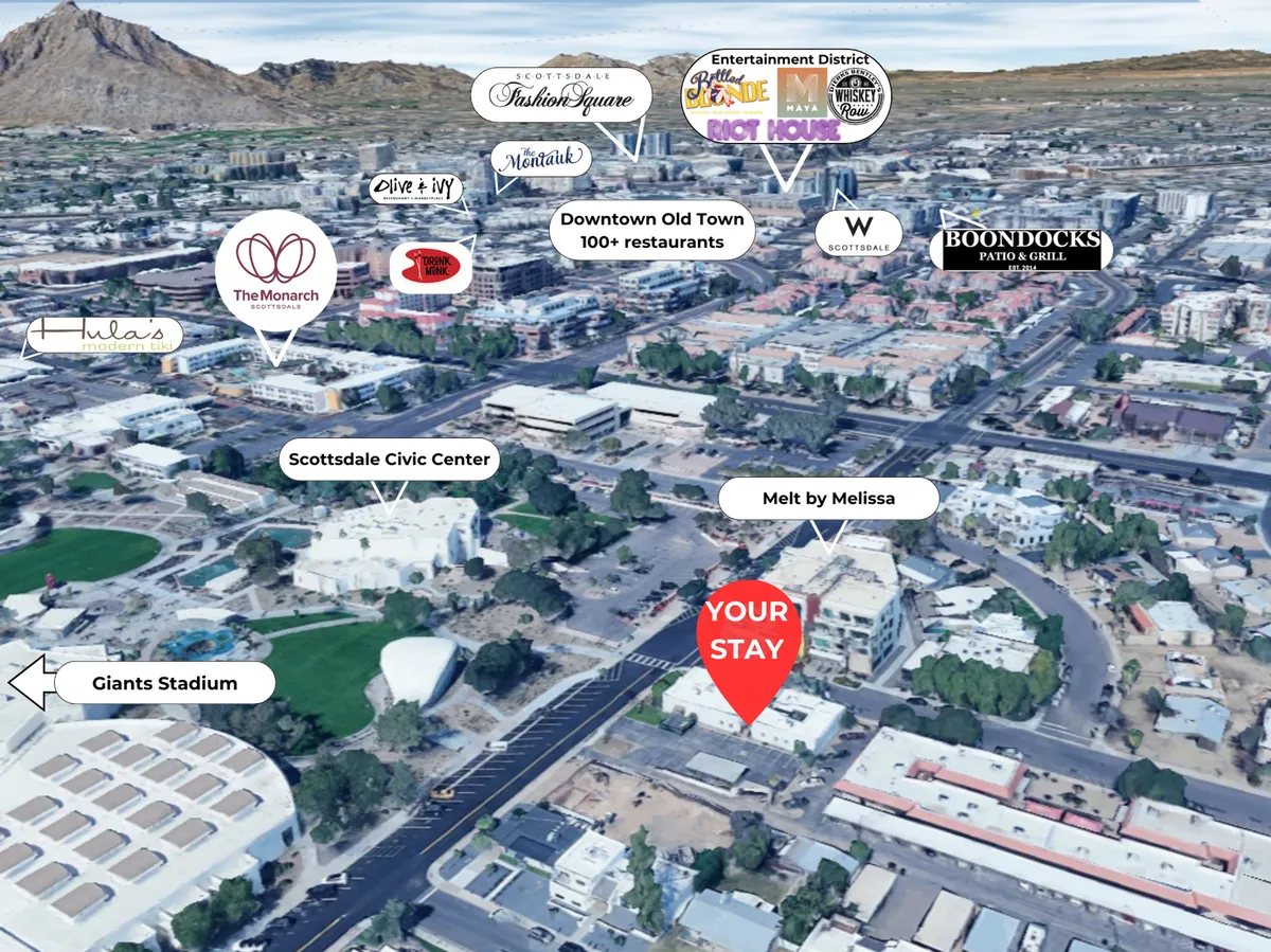A panoramic view showing the property's location in relation to Old Town highlights, including the Scottsdale Civic Center, Downtown Old Town, and Giants Stadium. This perspective showcases proximity to cultural landmarks and entertainment options.