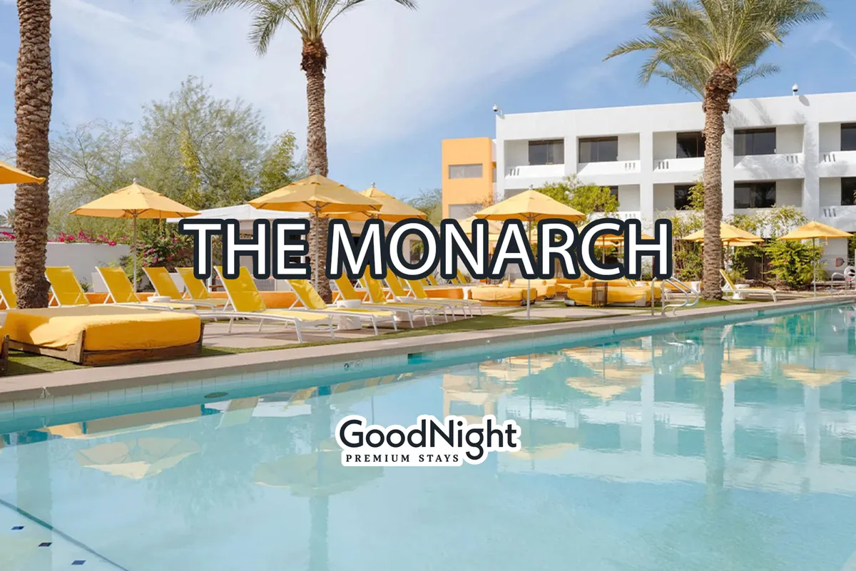 A sparkling swimming pool is framed by tall palm trees and lounge chairs, evoking a luxurious, resort-like atmosphere. The image suggests relaxation, sunbathing, and fun group experiences, aligning with the mention of the exclusive one-day pool pass to The Monarch.